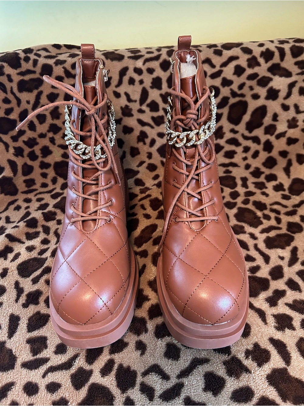 Quilted Brown Lace-Up Women's Ankle Boots with Chain Detail